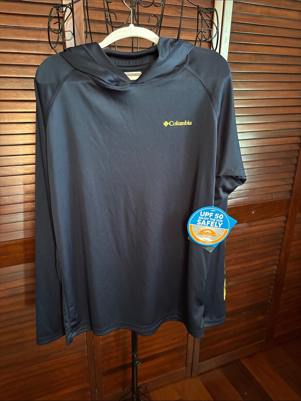 Columbia Navy Hooded Long Sleeve Outdoor Tee with Yellow Logo